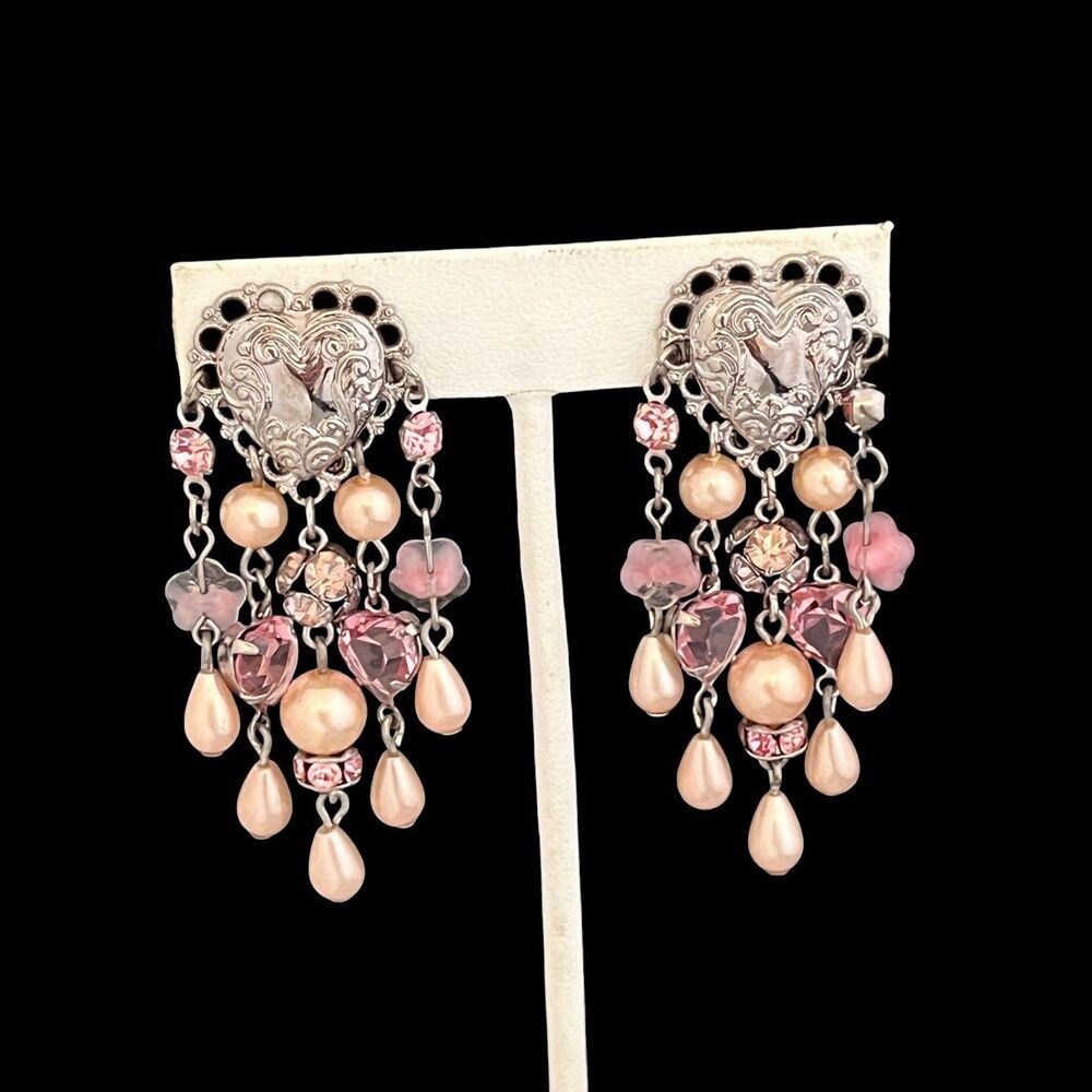 Vintage 1990s Kirks Folly Heart Crystal Pearl Clip Earrings - 10K